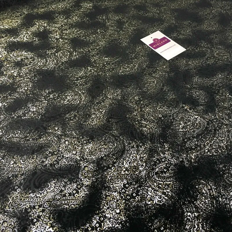 Black Gold Silver Embossed Foil Ornamental Velvet Velour stretch Fabric 58" M971
