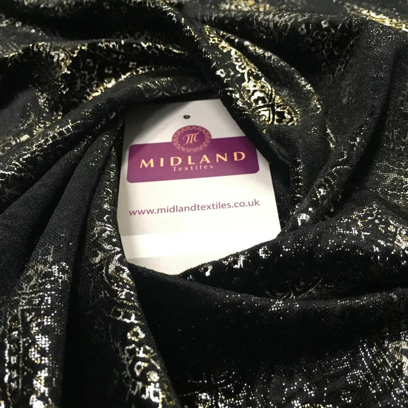 Black Gold Silver Embossed Foil Ornamental Velvet Velour stretch Fabric 58" M971