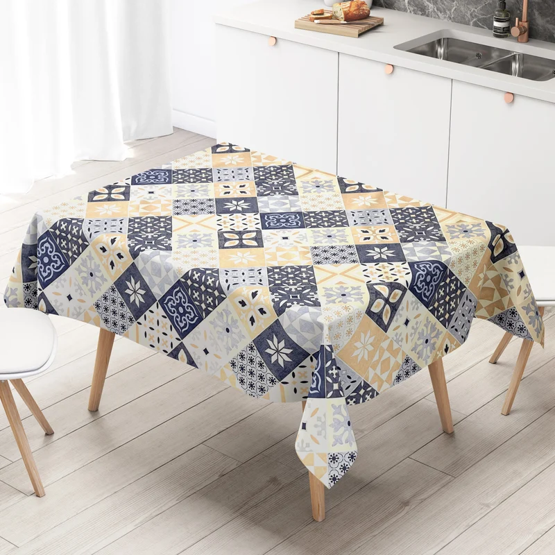 Wachstuch Tischdecke B4034-01 blau beige Mosaik Fliesen Porto eckig rund oval