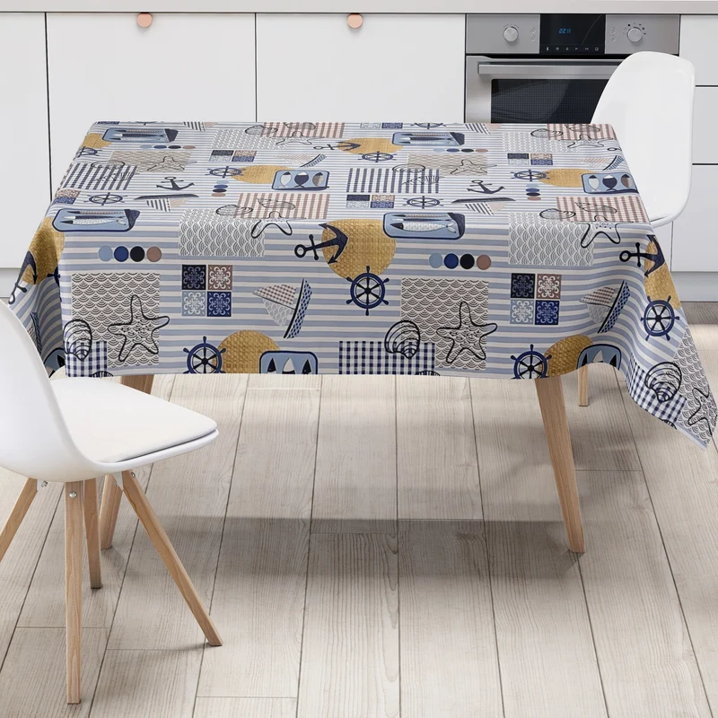 Wachstuch Tischdeck B6035-01 blau maritim Anker Seestern eckig rund oval nach Maß