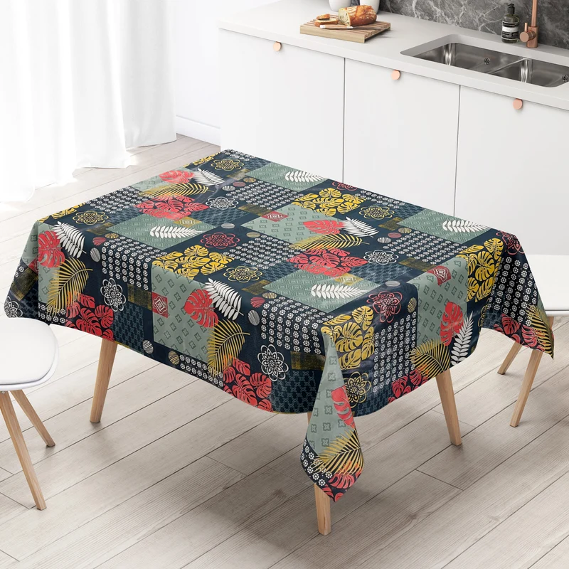 Wachstuch Tischdecke C141602 petrol gold Dschungel Monstera Palmen eckig rund oval Meterware