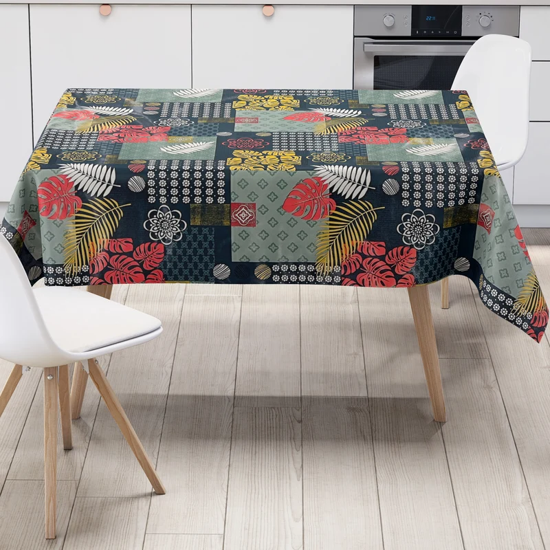 Wachstuch Tischdecke C141602 petrol gold Dschungel Monstera Palmen eckig rund oval Meterware