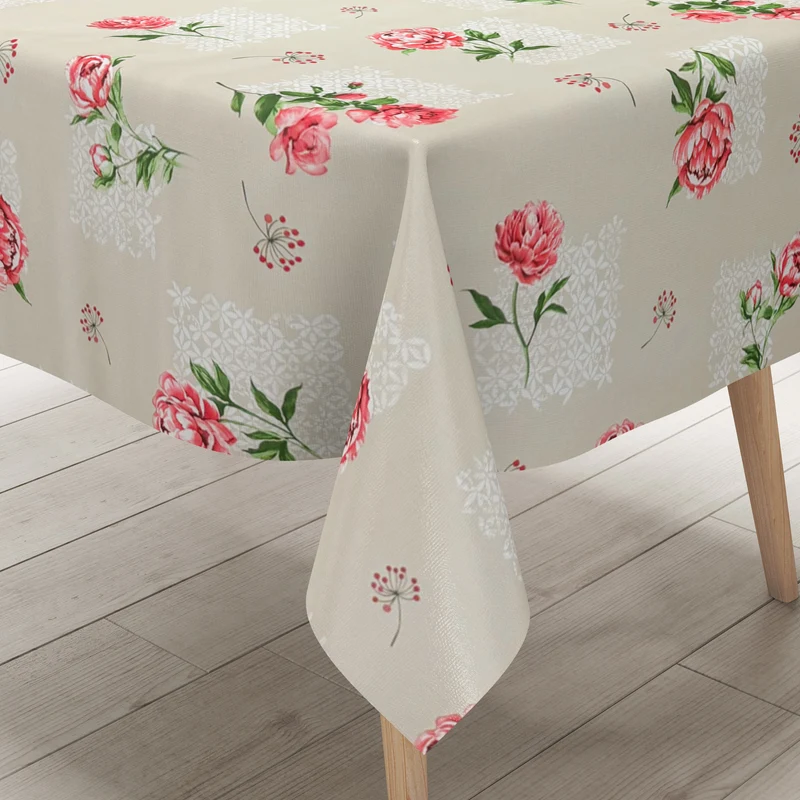Wachstuch Tischdecke geprägt P3042-1 beige Rosen Blüten eckig rund oval