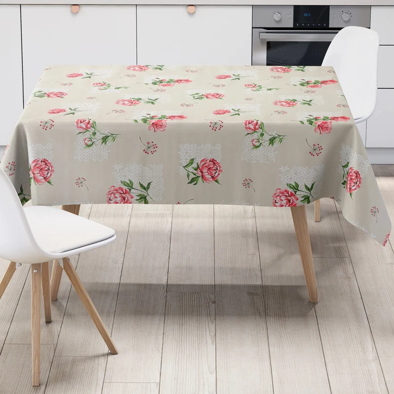 Wachstuch Tischdecke geprägt P3042-1 beige Rosen Blüten eckig rund oval