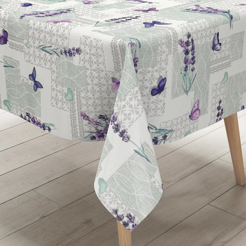 Wachstuch Tischdecke geprägt P1218-1 grün Lavendel Schmetterlinge Ornamente eckig rund oval