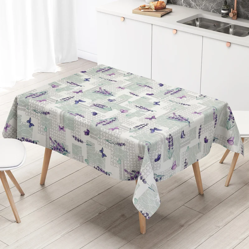 Wachstuch Tischdecke geprägt P1218-1 grün Lavendel Schmetterlinge Ornamente eckig rund oval