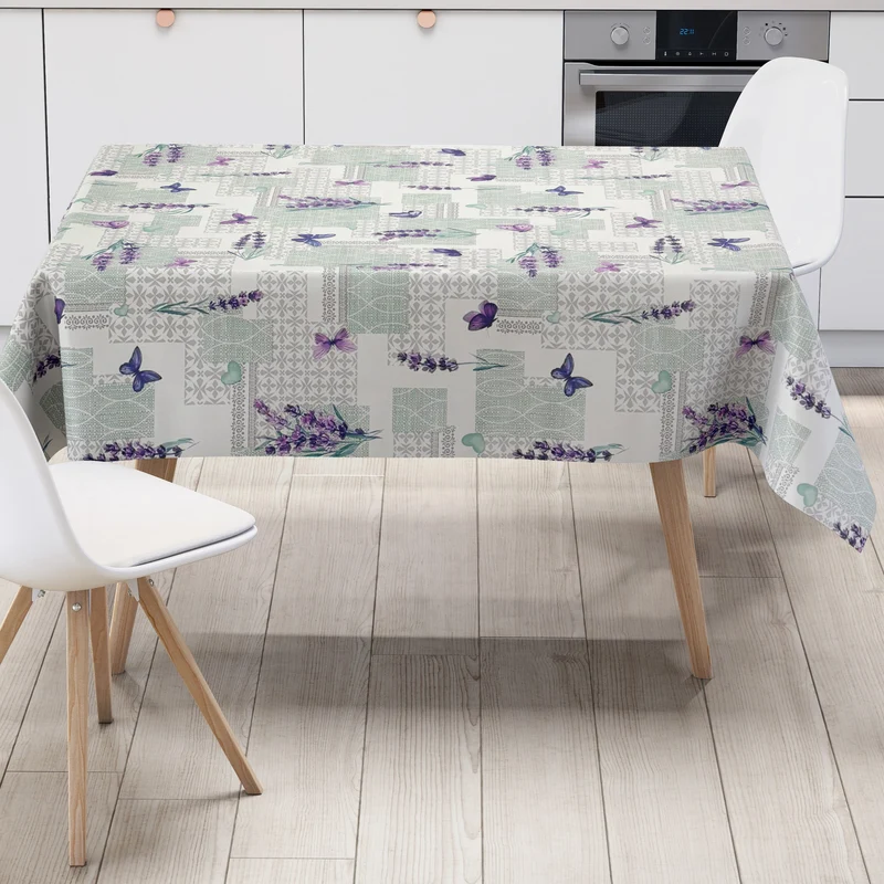 Wachstuch Tischdecke geprägt P1218-1 grün Lavendel Schmetterlinge Ornamente eckig rund oval