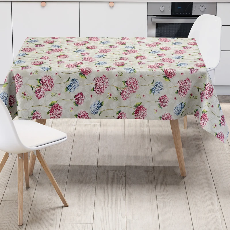 Wachstuch Tischdecke PC144-1 beige Hortensien Blüten eckig rund oval Meterware