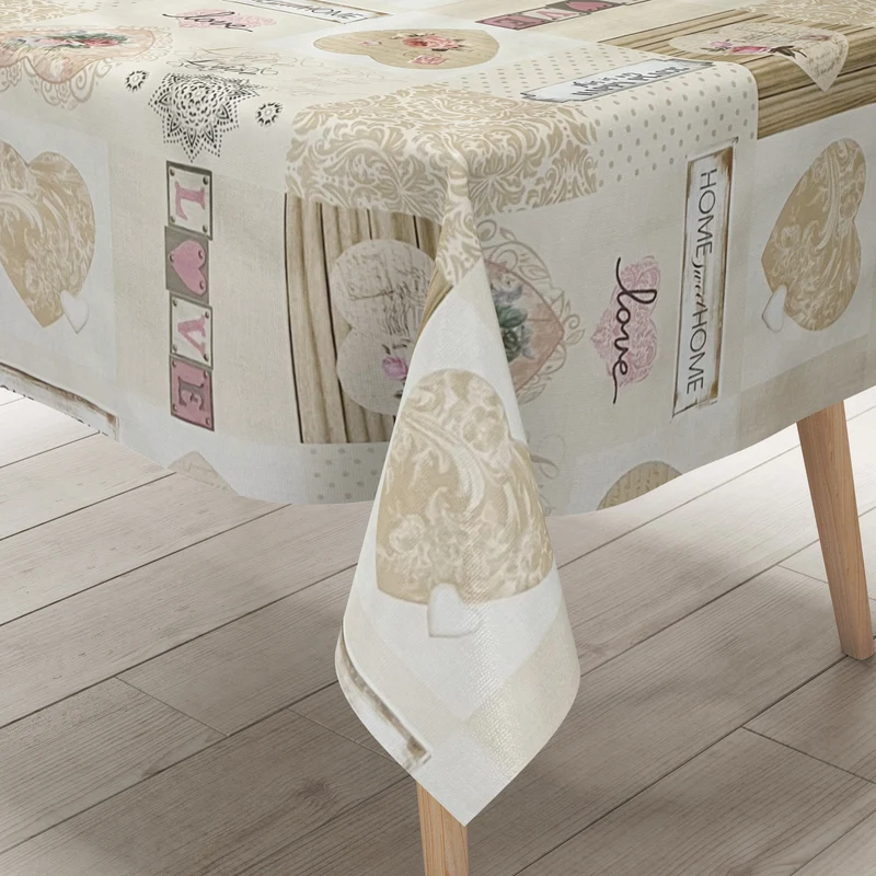 Wachstuch Tischdecke B6037-01 beige LOVE Holz Herzen Rosen eckig rund oval Meterware