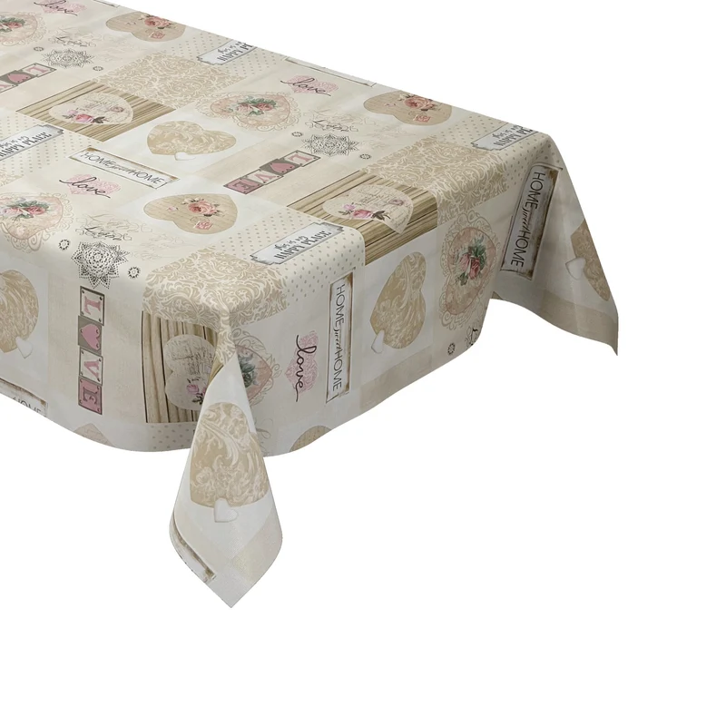 Wachstuch Tischdecke B6037-01 beige LOVE Holz Herzen Rosen eckig rund oval Meterware