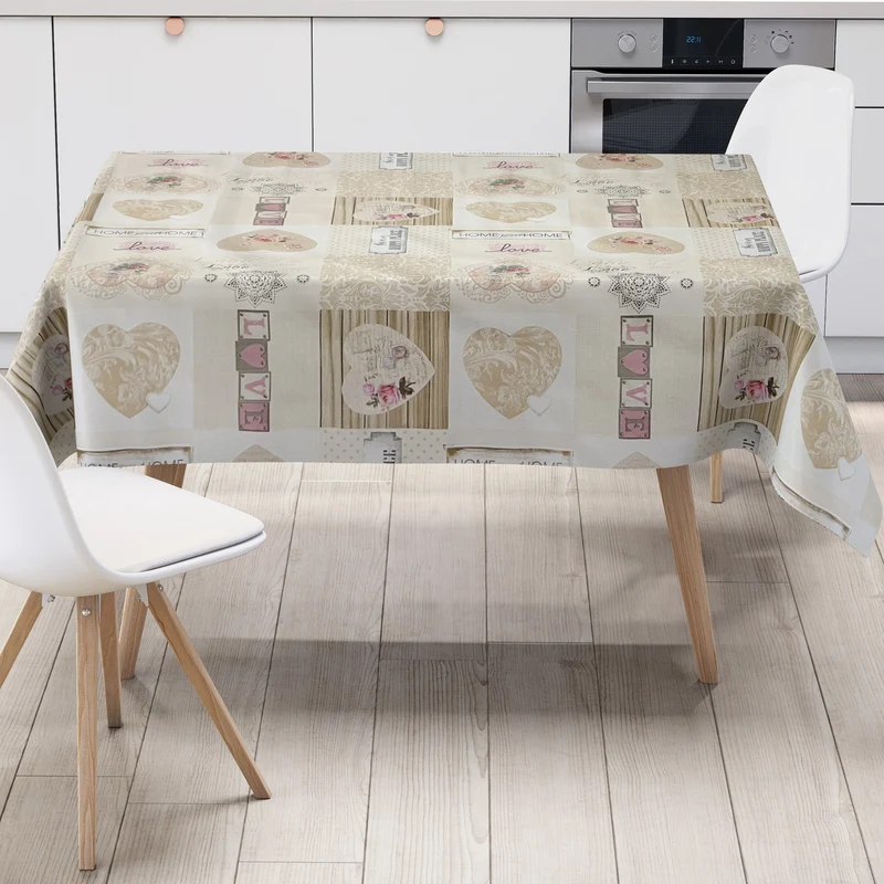 Wachstuch Tischdecke B6037-01 beige LOVE Holz Herzen Rosen eckig rund oval Meterware