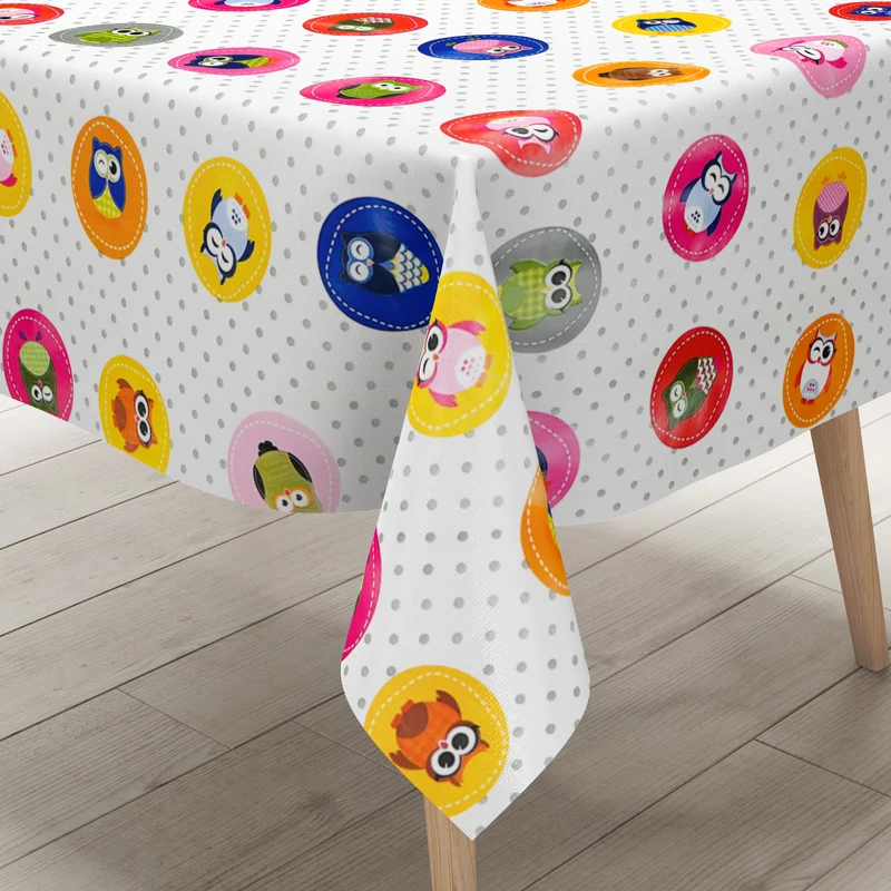 Wachstuch Tischdecke 06103-00 bunte Eulen Uhu Kautz Punkte eckig rund oval