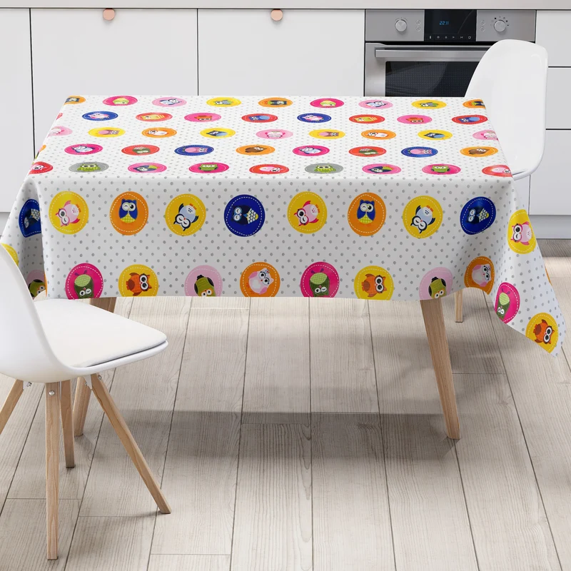 Wachstuch Tischdecke 06103-00 bunte Eulen Uhu Kautz Punkte eckig rund oval