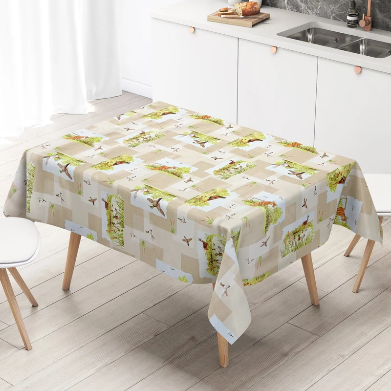 Wachstuch Tischdecke 670-1 beige Wildmotiv Jagdmotiv eckig rund oval