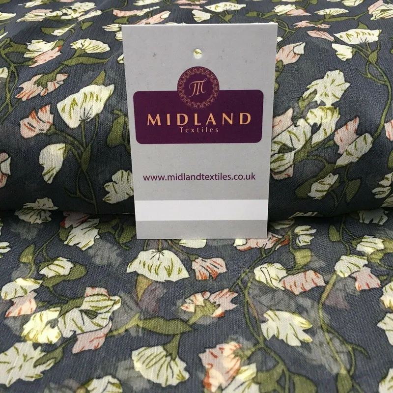 Grey Floral Printed Crinkle Georgette Chiffon Fabric 150cm wide MK1090-25
