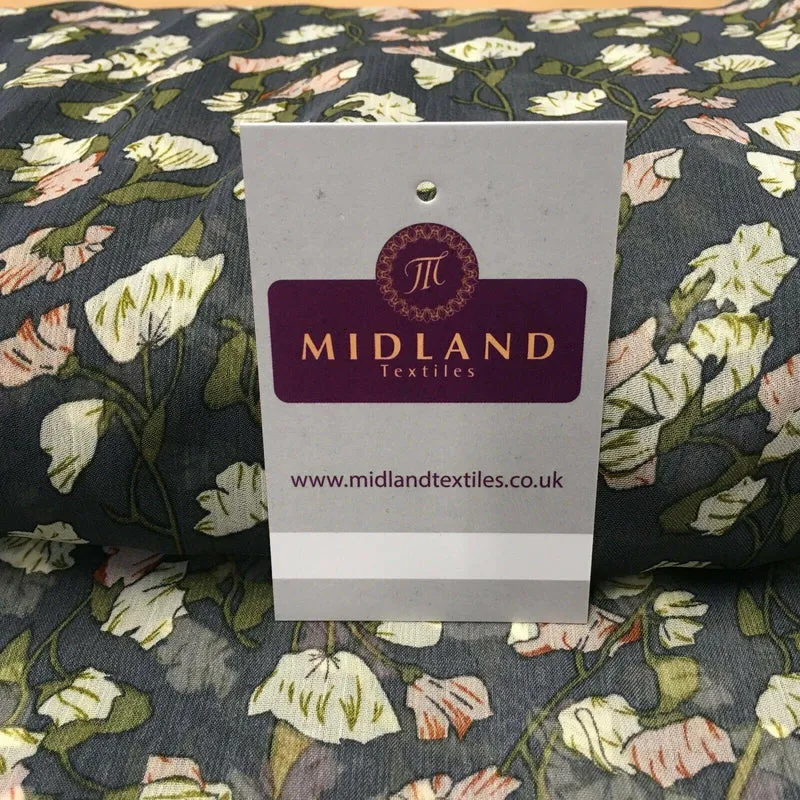 Grey Floral Printed Crinkle Georgette Chiffon Fabric 150cm wide MK1090-25