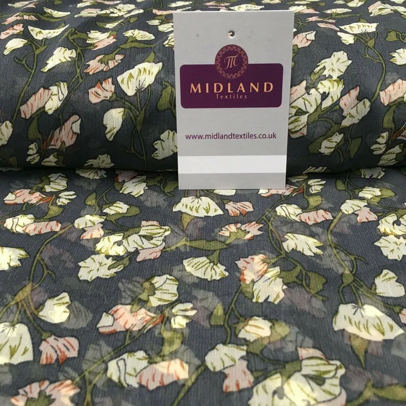 Grey Floral Printed Crinkle Georgette Chiffon Fabric 150cm wide MK1090-25
