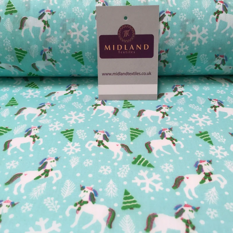 Festive Christmas Snowflake Unicorn Printed poly cotton Fabric 44" Wide MH972