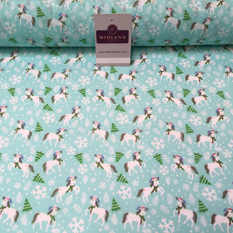 Festive Christmas Snowflake Unicorn Printed poly cotton Fabric 44" Wide MH972