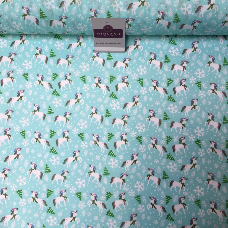 Festive Christmas Snowflake Unicorn Printed poly cotton Fabric 44" Wide MH972