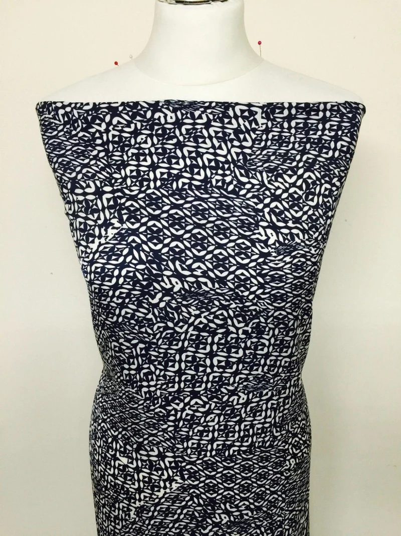 Navy and White aztec print silky polyester Satin crepe fabric 58" Wide M145-30