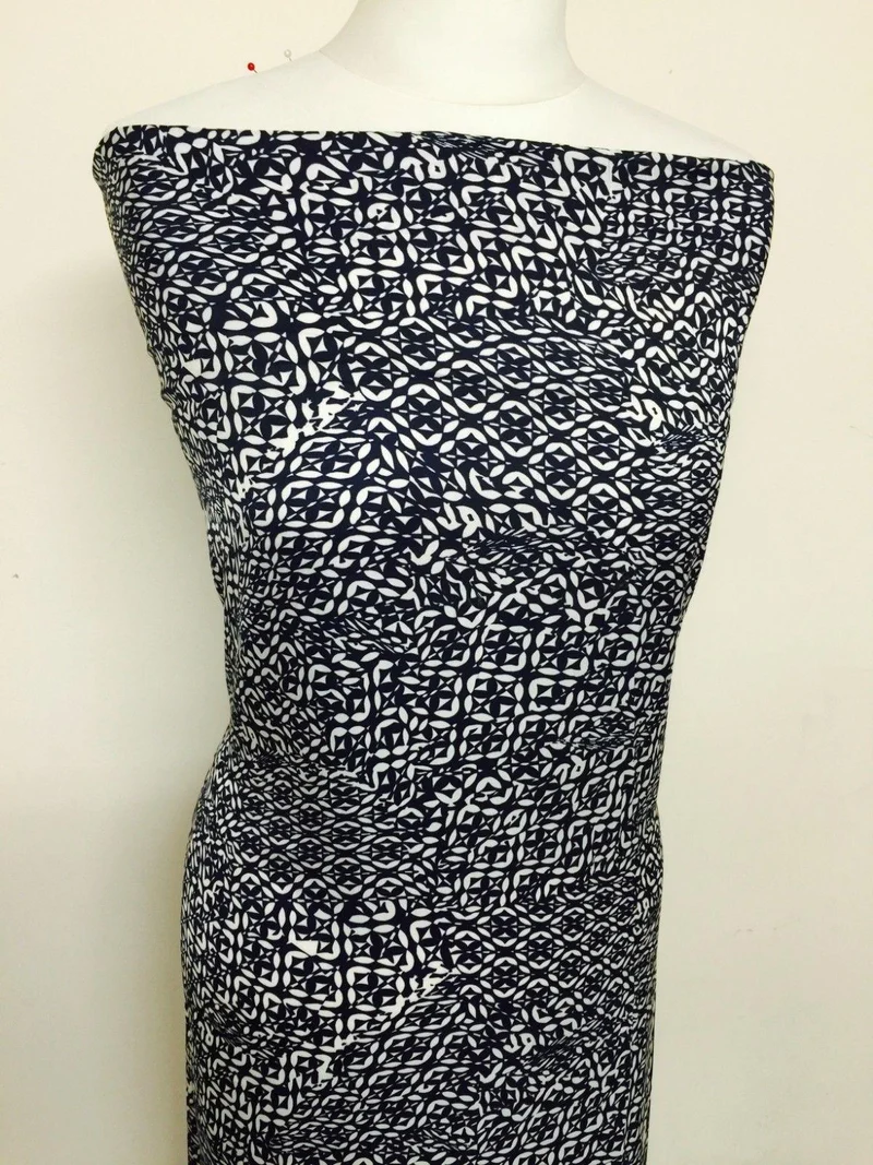 Navy and White aztec print silky polyester Satin crepe fabric 58" Wide M145-30
