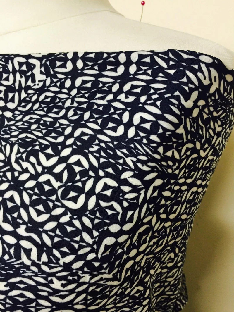 Navy and White aztec print silky polyester Satin crepe fabric 58" Wide M145-30