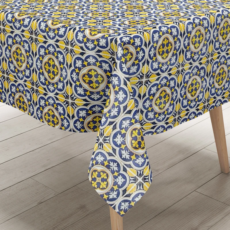 Wachstuch Tischdecke C141141 blau gelb Fliesen Mosaik mediterran eckig rund oval nach Maß