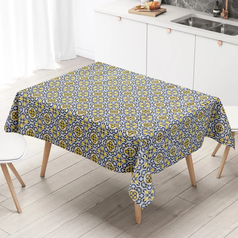 Wachstuch Tischdecke C141141 blau gelb Fliesen Mosaik mediterran eckig rund oval nach Maß