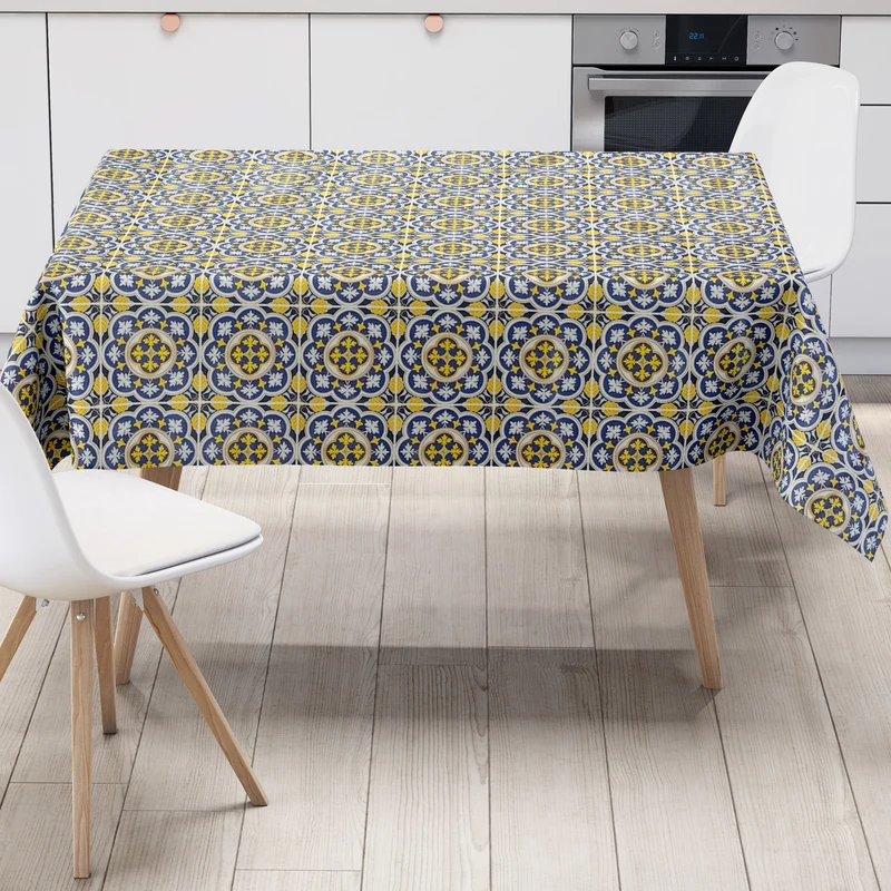 Wachstuch Tischdecke C141141 blau gelb Fliesen Mosaik mediterran eckig rund oval nach Maß