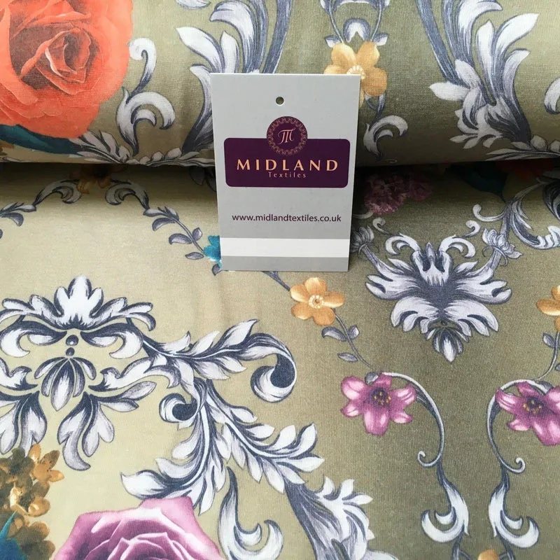 Ecru Floral Printed Cotton Jersey Dress Fabric 55" Wide MK923-10 Mtex