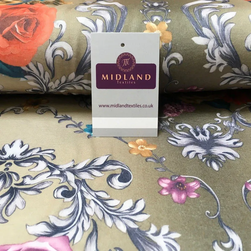 Ecru Floral Printed Cotton Jersey Dress Fabric 55" Wide MK923-10 Mtex