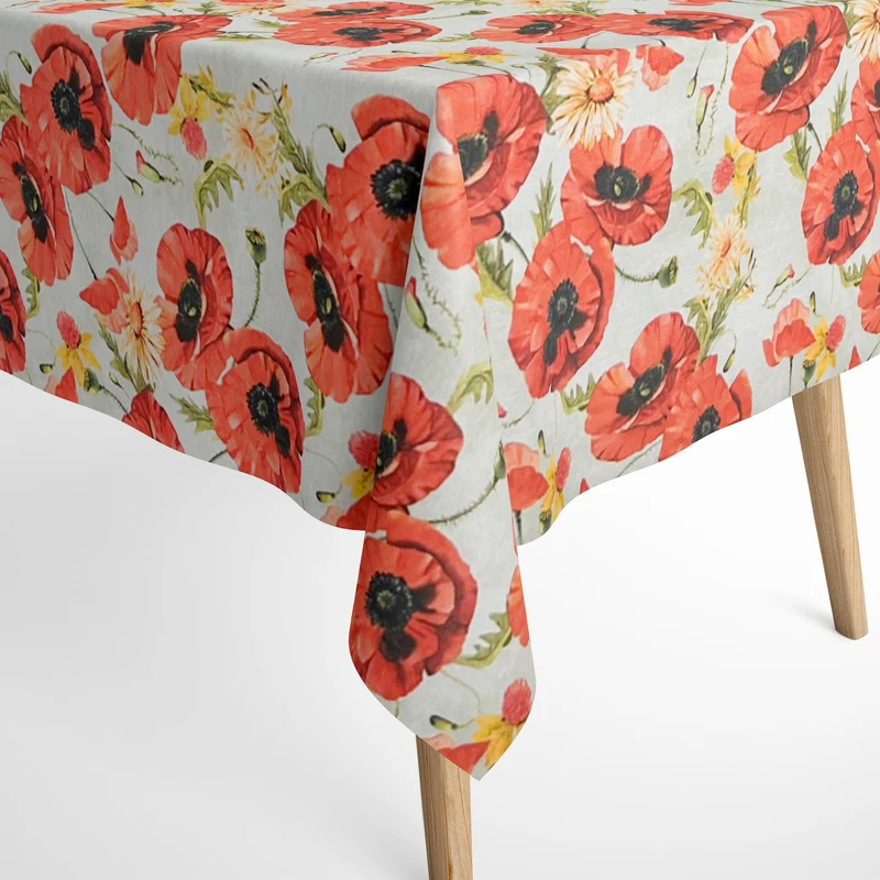 Jacquard Tischdecke aus beschichteter Baumwolle mit Fleckenschutz LAZA Mohn Blüten eckig rund oval