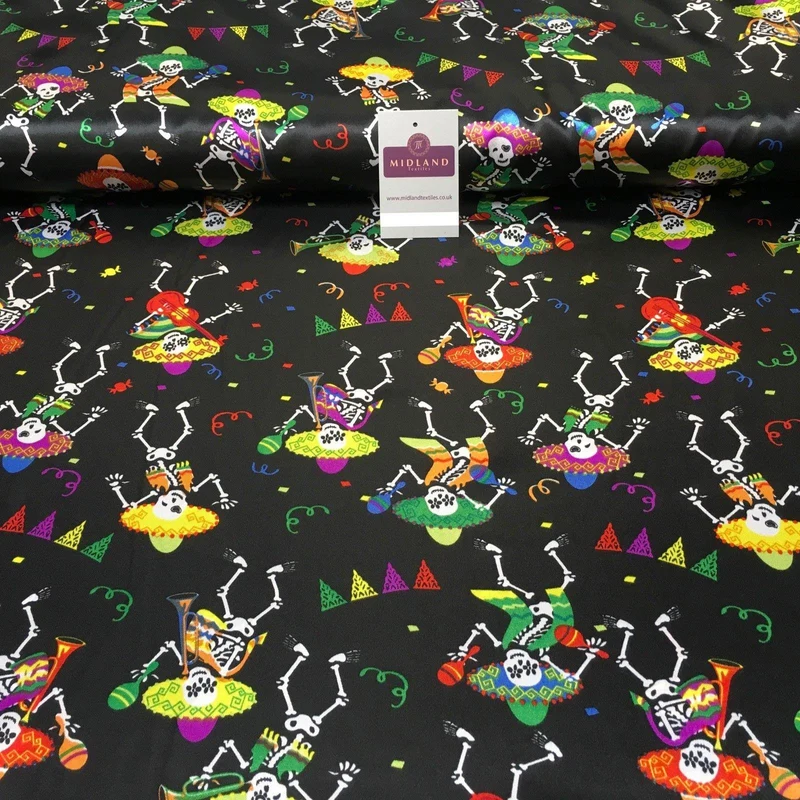 Black Satin Printed Mexican Halloween Skeleton Fabric 58" Wide MH950 Mtex
