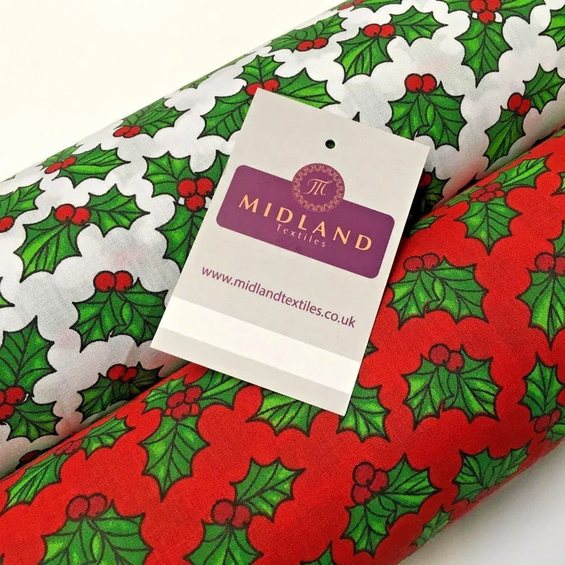 Holly Berry Leaves Christmas printed Polycotton fabric 45" Wide MD944 Mtex