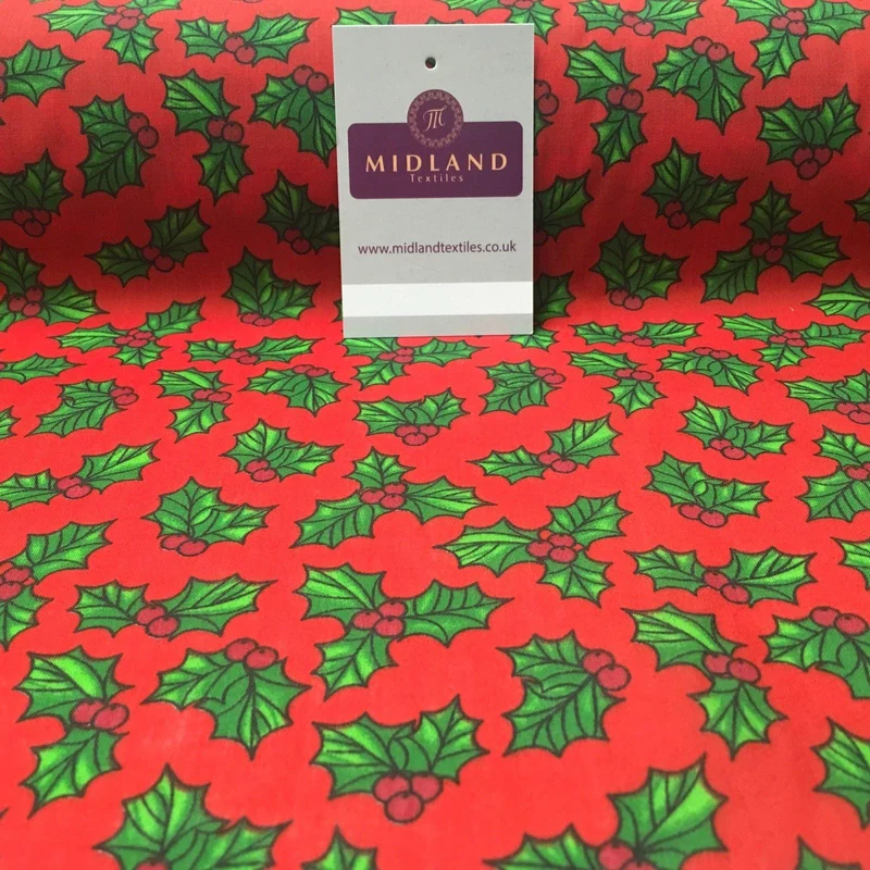 Holly Berry Leaves Christmas printed Polycotton fabric 45" Wide MD944 Mtex