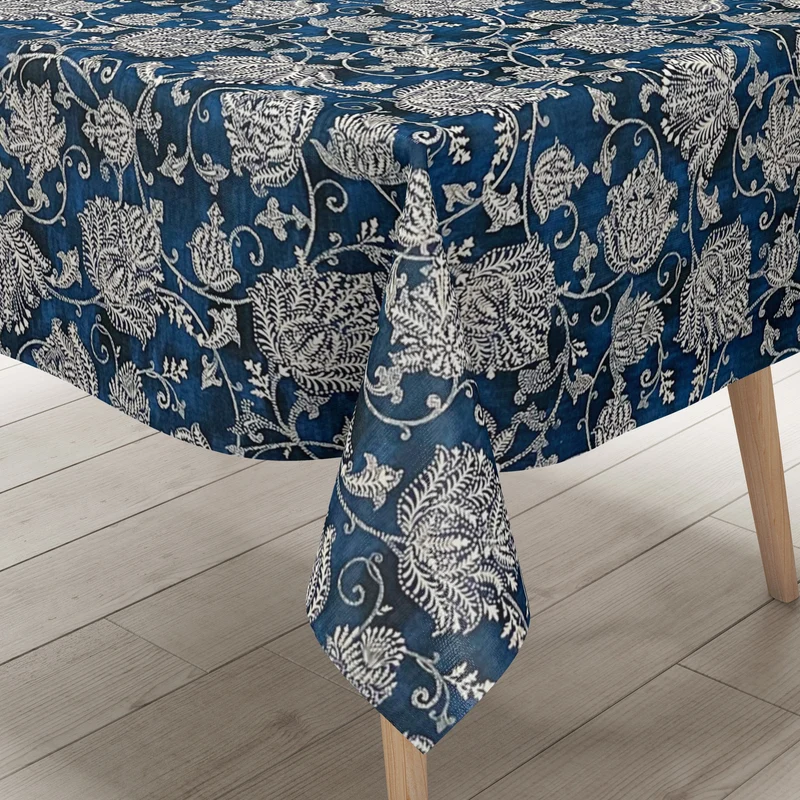Wachstuch Tischdecke K150229 BOHO Strick Blumenranken auf dunkelblau eckig rund oval