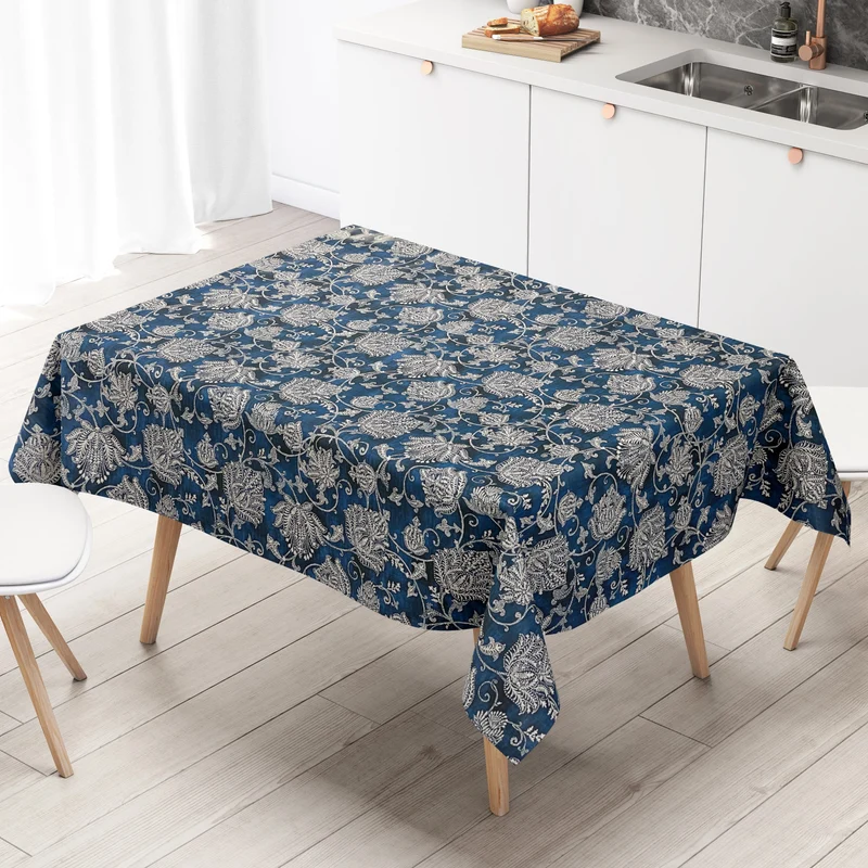Wachstuch Tischdecke K150229 BOHO Strick Blumenranken auf dunkelblau eckig rund oval