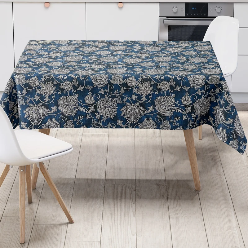 Wachstuch Tischdecke K150229 BOHO Strick Blumenranken auf dunkelblau eckig rund oval