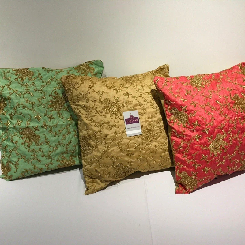 Golden thread Embroidered Elephant Faux Raw Silk Dupion Cushion Cover 18" x 18"