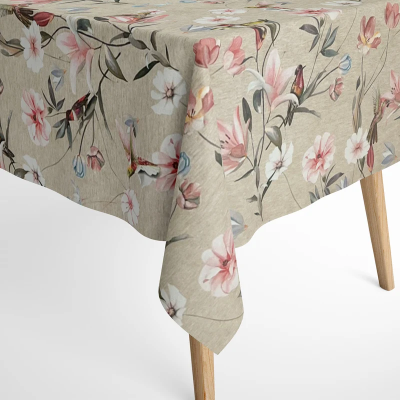 Jacquard Tischdecke aus beschichteter Baumwolle mit Fleckenschutz ANNA LINUM LIFE Colibri Blüten eckig rund oval
