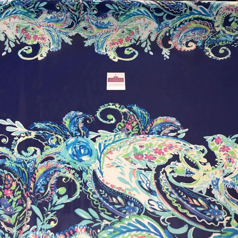 Navy Aqua Paisley Ornate Printed Chiffon fabric 58" M401-57 Mtex