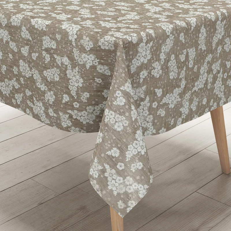 Wachstuch Tischdecke 160 cm Breite Übergröße P1107-4 beige hellbraun Blumenmotiv eckig rund oval Meterware
