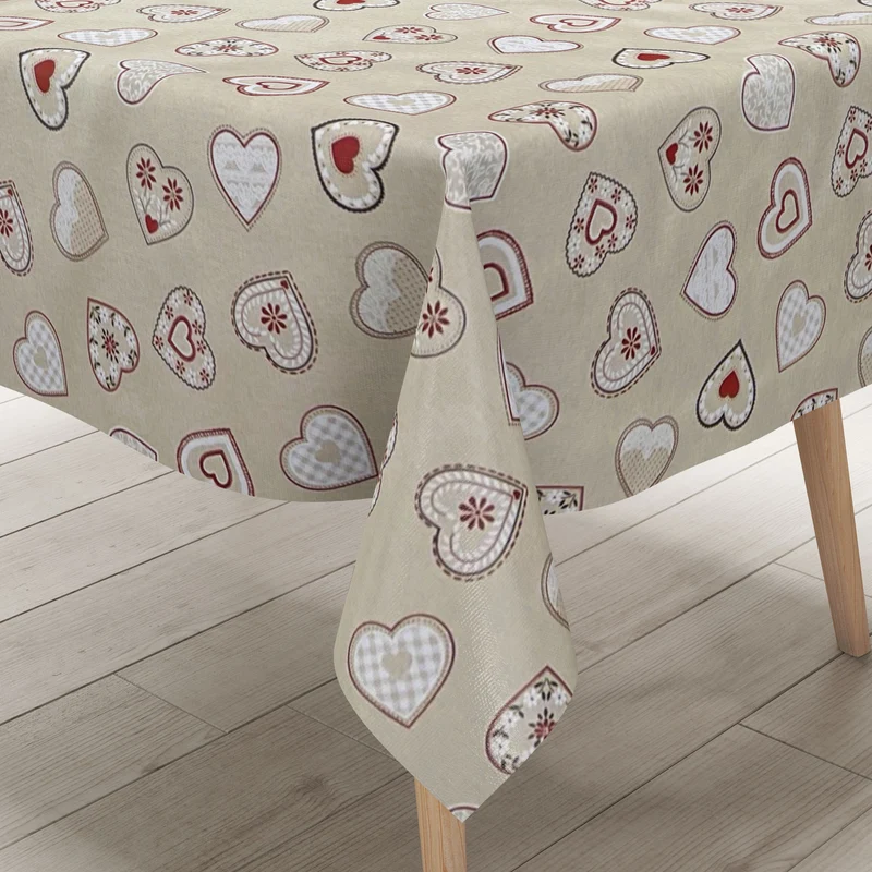 Wachstuch Tischdecke B1794-01 Landhaus Herzen auf beige eckig rund oval