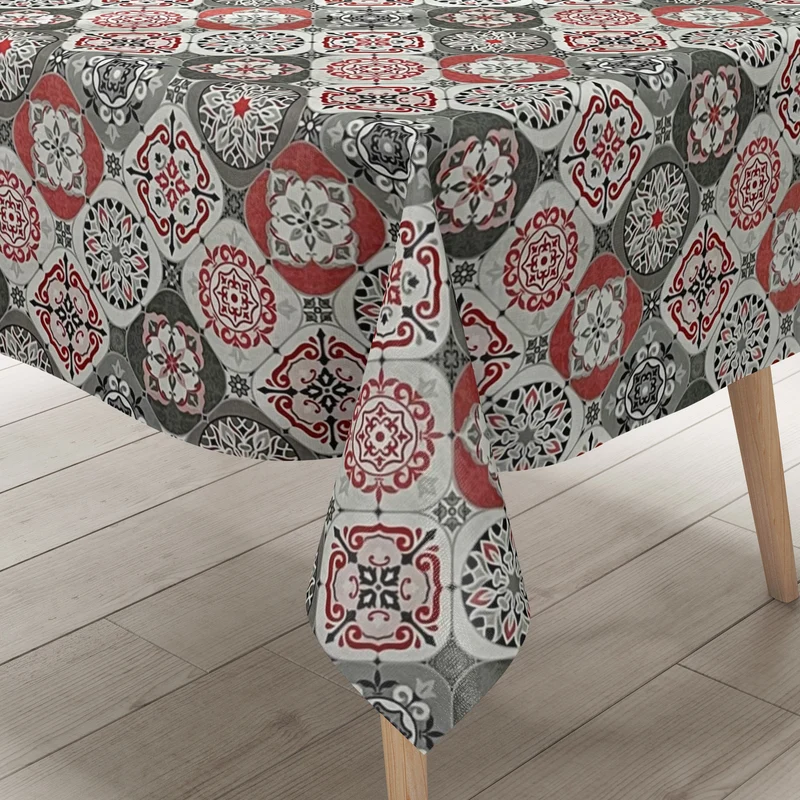 Wachstuch Tischdecke 01633-01 rot grau weiss Fliesen Mosaik mediterran eckig rund oval Meterware