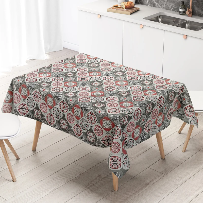 Wachstuch Tischdecke 01633-01 rot grau weiss Fliesen Mosaik mediterran eckig rund oval Meterware