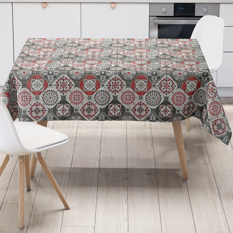 Wachstuch Tischdecke 01633-01 rot grau weiss Fliesen Mosaik mediterran eckig rund oval Meterware