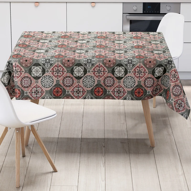 Wachstuch Tischdecke 01633-05 rot grau Fliesen Mosaik mediterran eckig rund oval Meterware