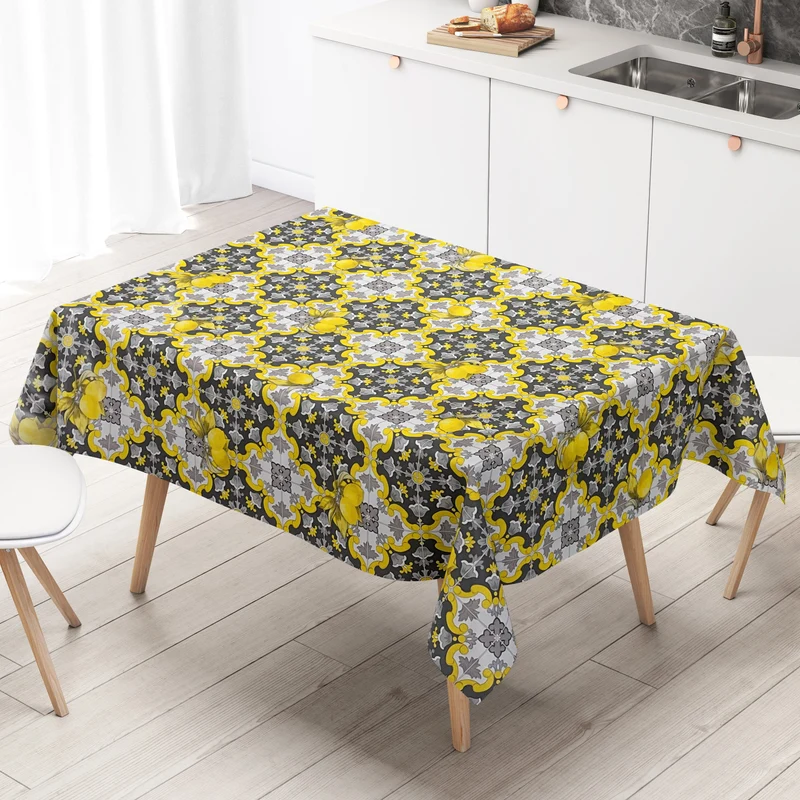 Wachstuch Tischdecke 06213-04 gelb grau Fliesen Mosaik Zitronen eckig rund oval abwischbar
