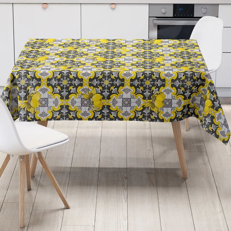 Wachstuch Tischdecke 06213-04 gelb grau Fliesen Mosaik Zitronen eckig rund oval abwischbar